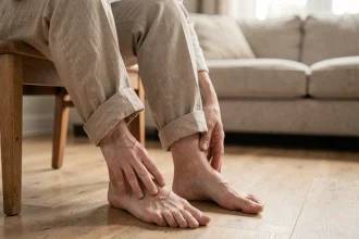 Femme assise tenant son pied nu et ressentant une sensation de chaleur sur le dessus du pied