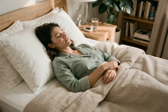 Femme dormant paisiblement dans un lit aux draps blancs, illustrant l'importance du sommeil pour la gestion du poids