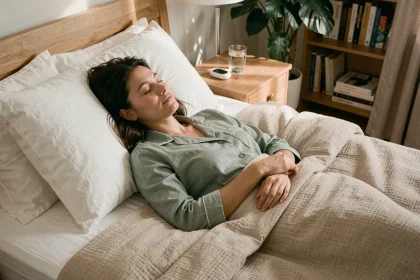 Femme dormant paisiblement dans un lit aux draps blancs, illustrant l'importance du sommeil pour la gestion du poids