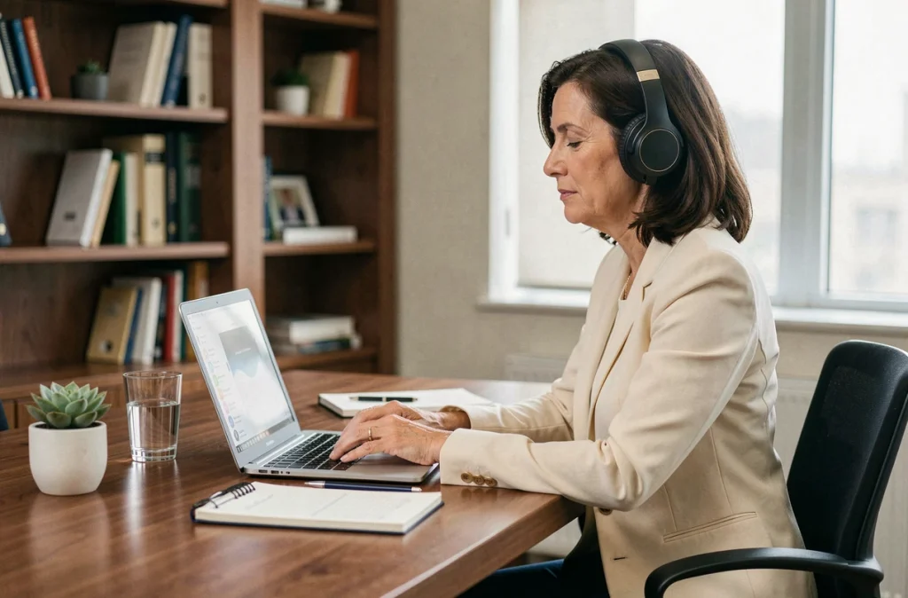Femme cadre pratiquant une séance de sophrologie guidée en ligne depuis son bureau privé en entreprise