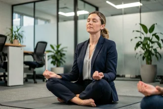 Femme pratiquant la sophrologie dans un espace de pause en entreprise moderne, assise en tailleur sur un tapis de yoga