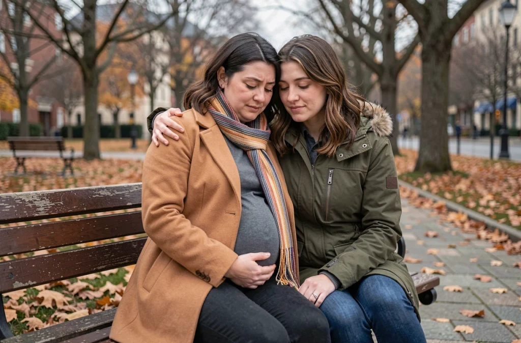 Femme enceinte du premier trimestre soutenue émotionnellement par une amie sur un banc de parc en automne