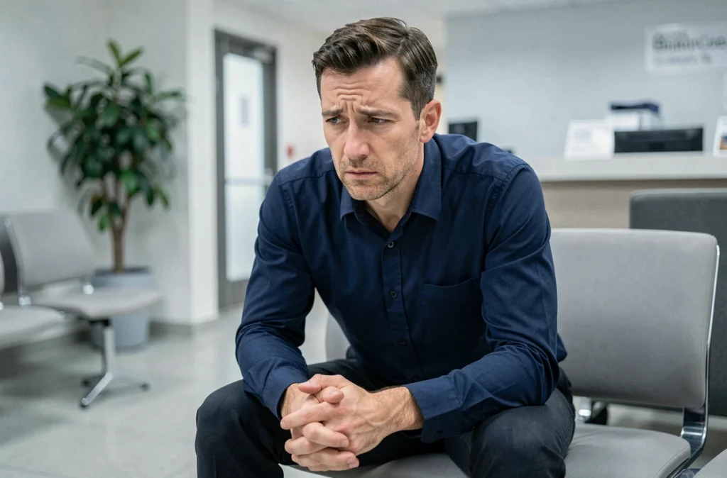 Homme inquiet dans une salle d'attente médicale, représentant la fatigue et l'anxiété liées aux premiers symptômes de la maladie de Crohn
