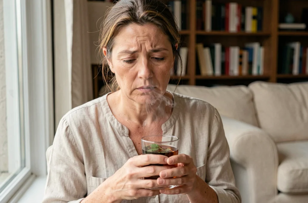 Femme fatiguée tenant une tisane chez elle, illustrant les symptômes d'épuisement et d'inconfort digestif caractéristiques des stades précoces de la maladie de Crohn