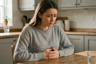 Femme tenant son ventre avec une expression d'inconfort, illustrant les douleurs abdominales précoces associées à la maladie de Crohn