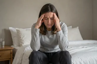Femme fatiguée assise sur le bord d'un lit se tenant la tempe, illustrant les symptômes précoces de la sclérose en plaques