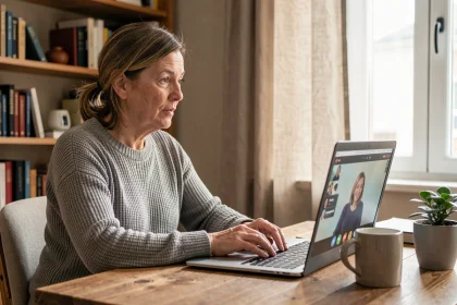 Femme en téléconsultation psychiatrique depuis son bureau à domicile, parlant à un médecin via un écran d'ordinateur portable