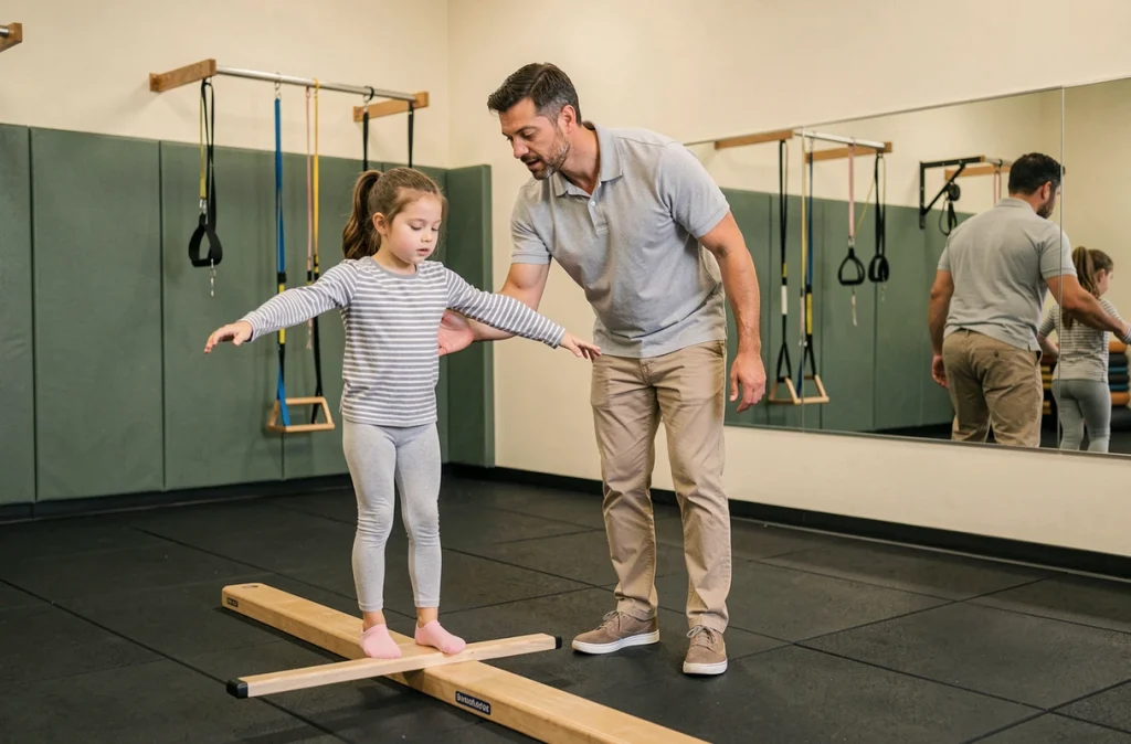 Thérapeute en psychomotricité accompagnant une fillette lors d'un exercice d'équilibre dans une salle de rééducation spécialisée