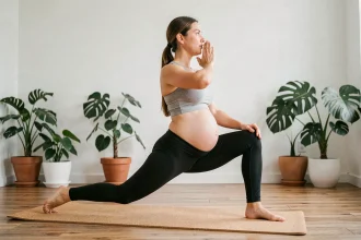 Femme enceinte au deuxième trimestre pratiquant le yoga prénatal dans un studio à domicile chaleureux