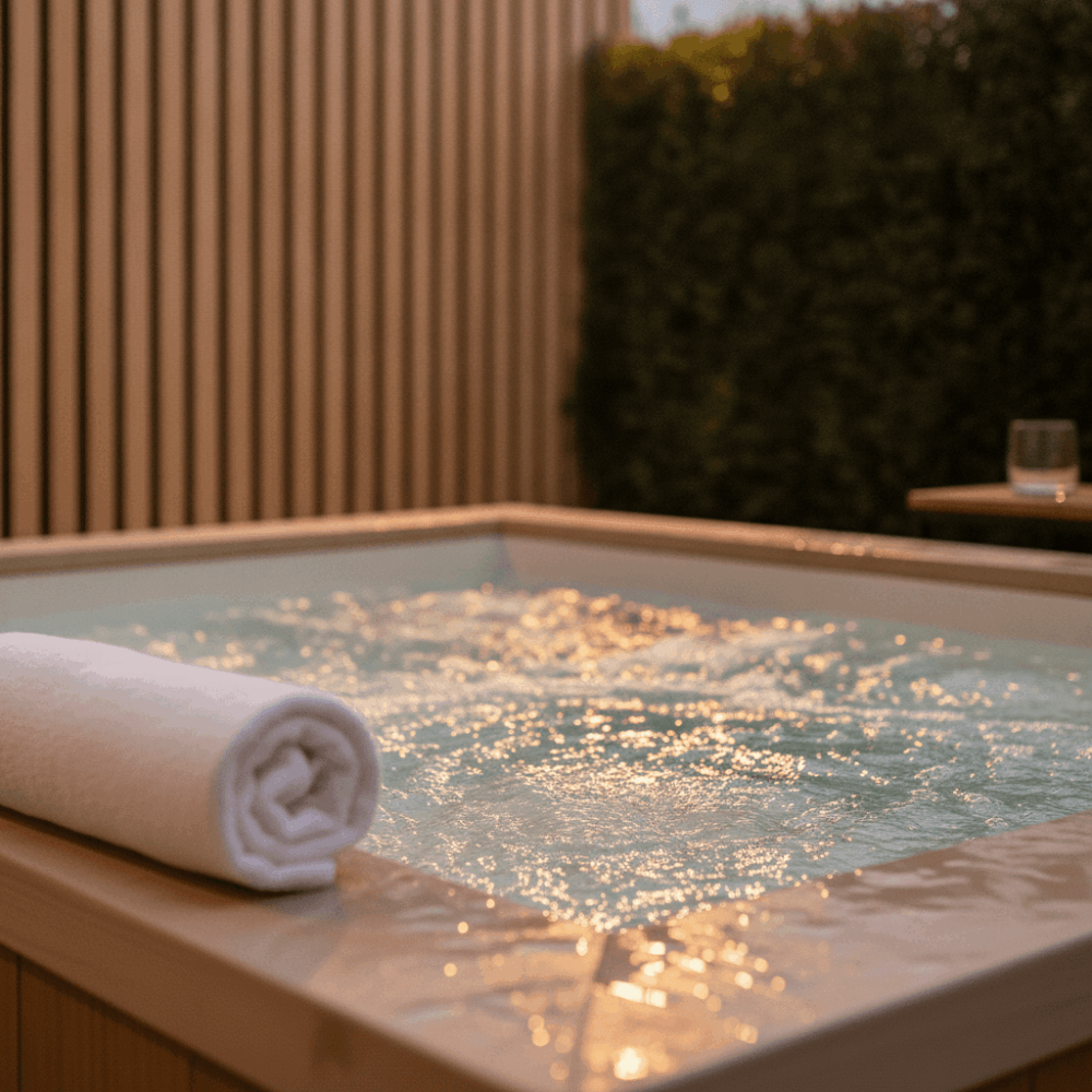 Gros plan sur un jacuzzi privatif extérieur bouillonnant sur une terrasse d'hôtel intimiste