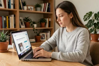 Jeune femme débutante lisant un blog sur son ordinateur portable dans un bureau à domicile confortable