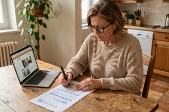 Femme remplissant un dossier MDPH à domicile sur une table en bois avec des formulaires administratifs