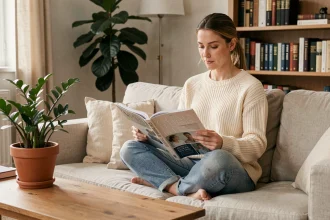 Femme lisant un magazine sur la santé mentale dans un salon cosy et chaleureux