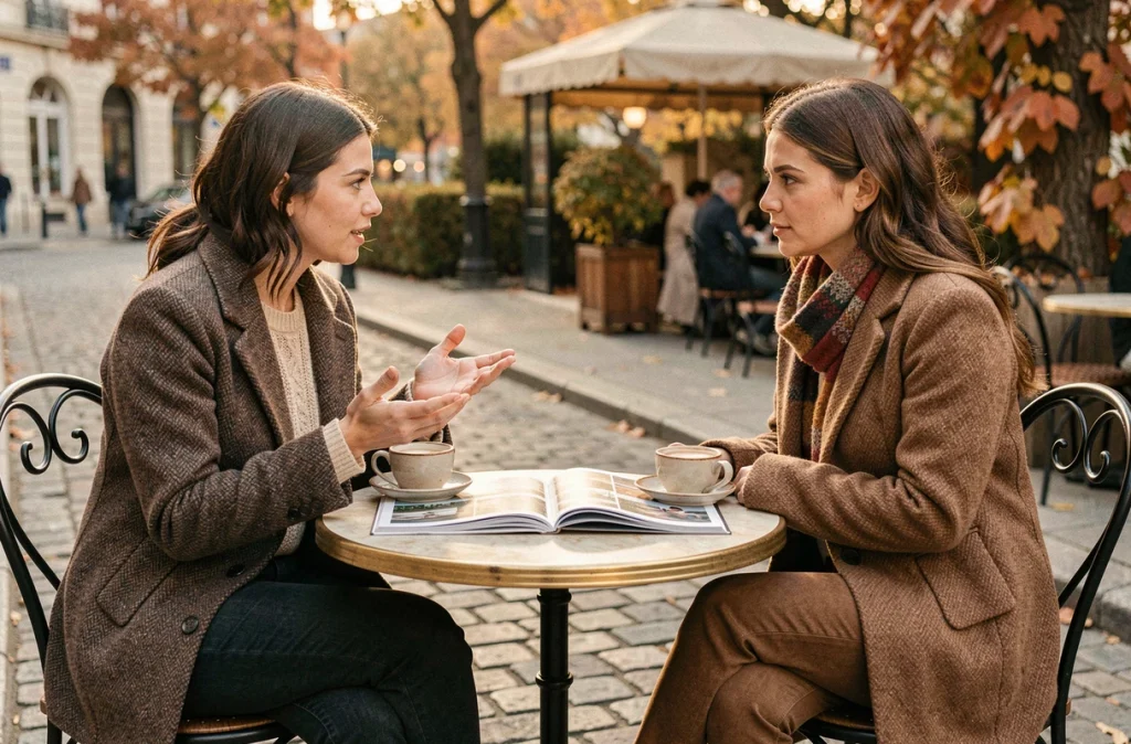 Deux femmes discutant d'un article de magazine sur la santé mentale en terrasse de café
