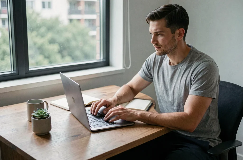 Homme consultant un blog sur la santé mentale sur son ordinateur portable dans un bureau minimaliste
