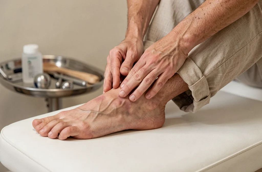 Kinésithérapeute effectuant un massage thérapeutique sur la voûte plantaire d'un patient pour traiter la fasciite plantaire