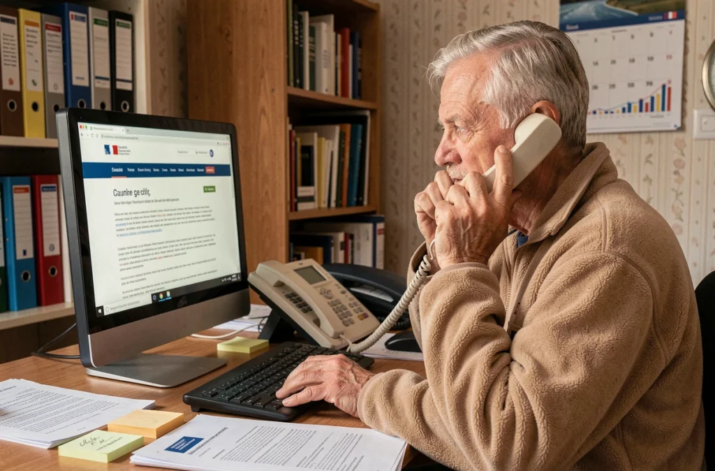 Personne âgée contactant la MDPH par téléphone depuis son domicile pour obtenir un dossier administratif